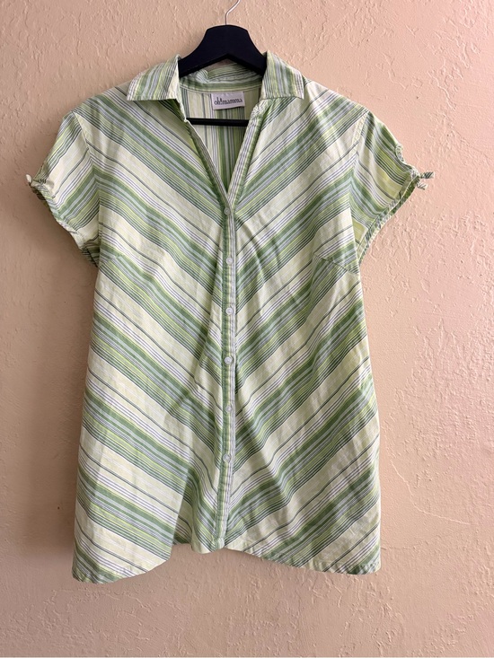Oh! Mamma Tops - Oh! Mamma Maturity Light Green and White Striped Button-Up Shirt